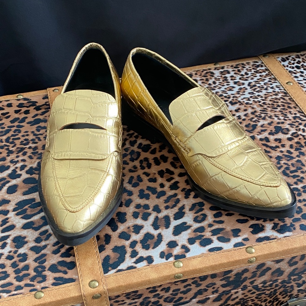 Rebecca Minkoff Gold Crocodile Pattern Loafers